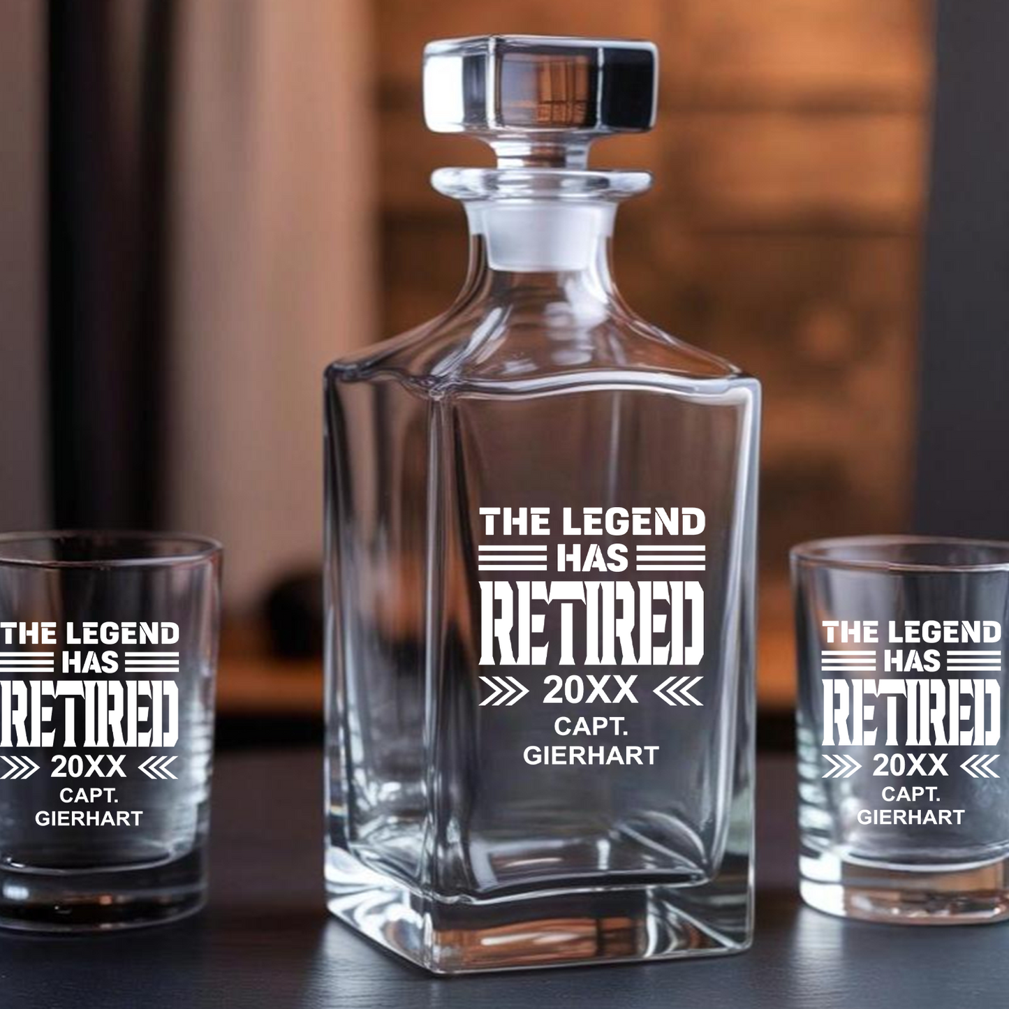 Personalized Retirement The Legend Has Retired Veteran Decanter With Glasses Set, Patriotic Gift for Veterans, Gift For Independence Day, Veteran Whiskey Glass TND097