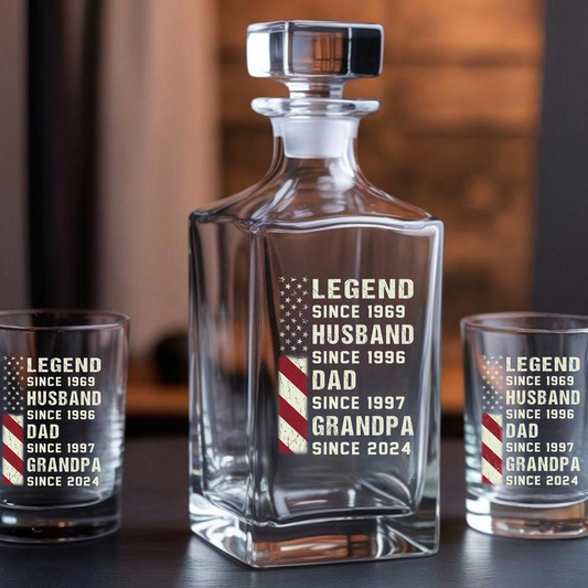 Personalized Fathers Day Gift, Legend Husband Dad Grandpa Decanter With Whiskey Glasses, Gift For Grandpa, American Dad Gift, 4th of July, Veteran Whiskey Glass TND100