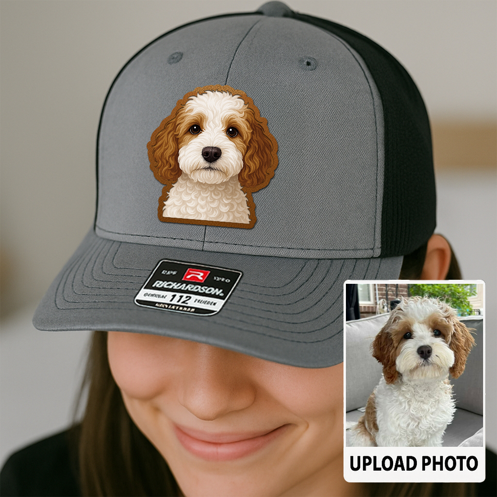 Custom Dog Leather Patch Hat – Personalized Trucker Hat with Your Pet's Photo – Unique Dog Dad Gift TH993