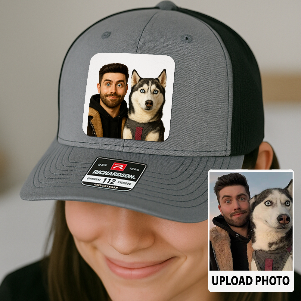 Custom Dog Lover Trucker Hat – Personalized Cap with Pet Photo on Leather Patch – Gift for Pet Owners TH9916