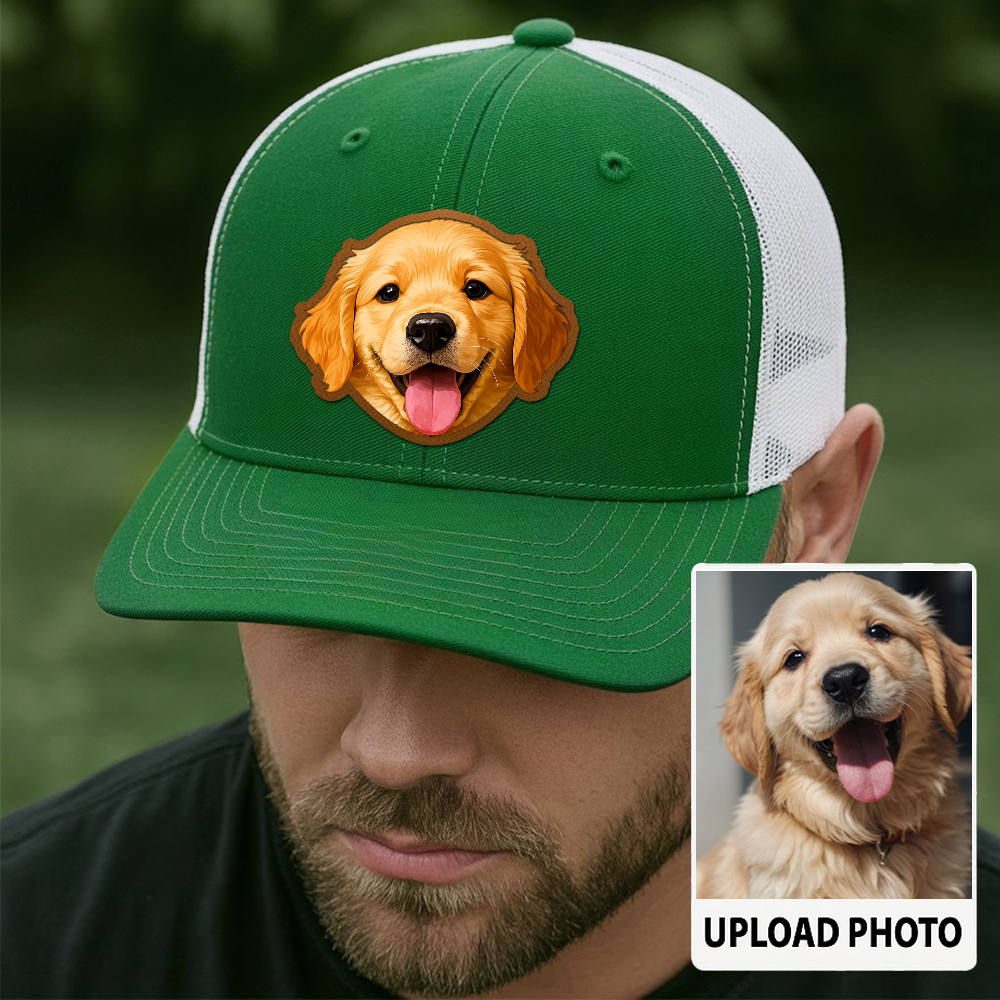 Custom Pet Photo Trucker Hat – Personalized Printed Leather Patch Hat – Dog Dad Gift – Custom Pet Memorial Hat – Pet Photo Printed on Leather Cap TH991