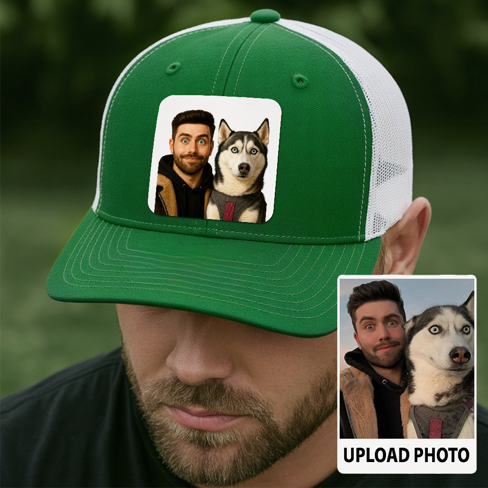 Custom Dog Lover Trucker Hat – Personalized Cap with Pet Photo on Leather Patch – Gift for Pet Owners TH9916