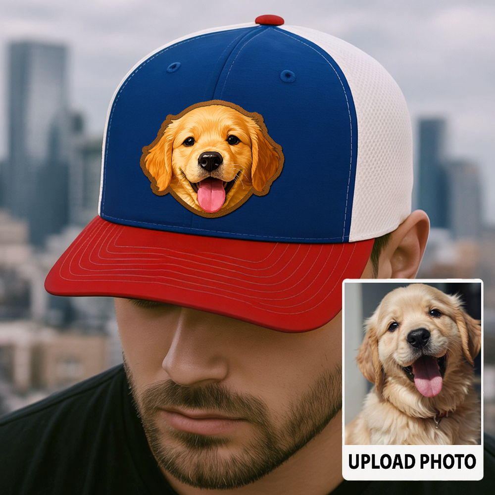 Custom Pet Photo Trucker Hat – Personalized Printed Leather Patch Hat – Dog Dad Gift – Custom Pet Memorial Hat – Pet Photo Printed on Leather Cap TH991