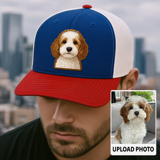 Custom Dog Leather Patch Hat – Personalized Trucker Hat with Your Pet's Photo – Unique Dog Dad Gift TH993