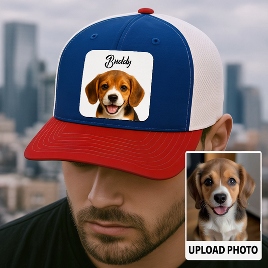 Custom Dog Trucker Cap – Personalized Leather Patch Hat with Printed Pet Face – Gift for Him TH9915