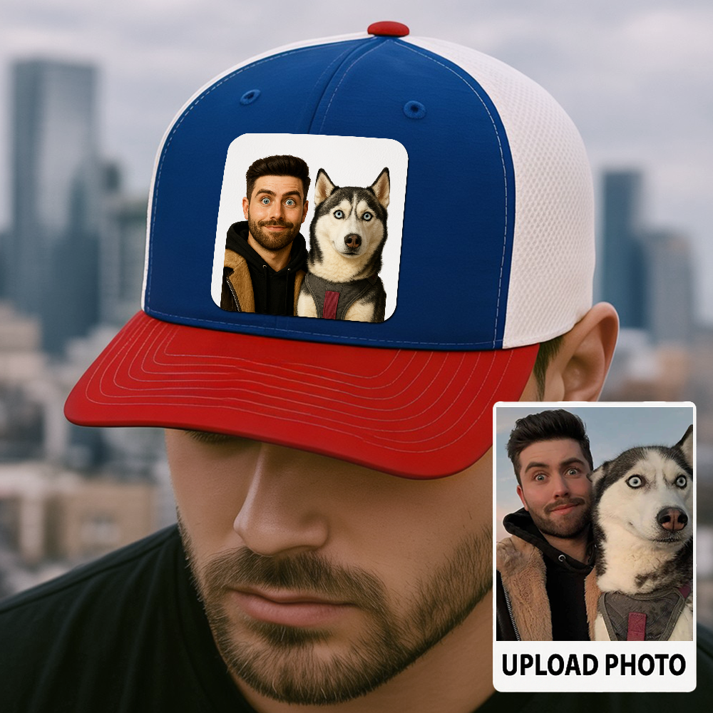 Custom Dog Lover Trucker Hat – Personalized Cap with Pet Photo on Leather Patch – Gift for Pet Owners TH9916