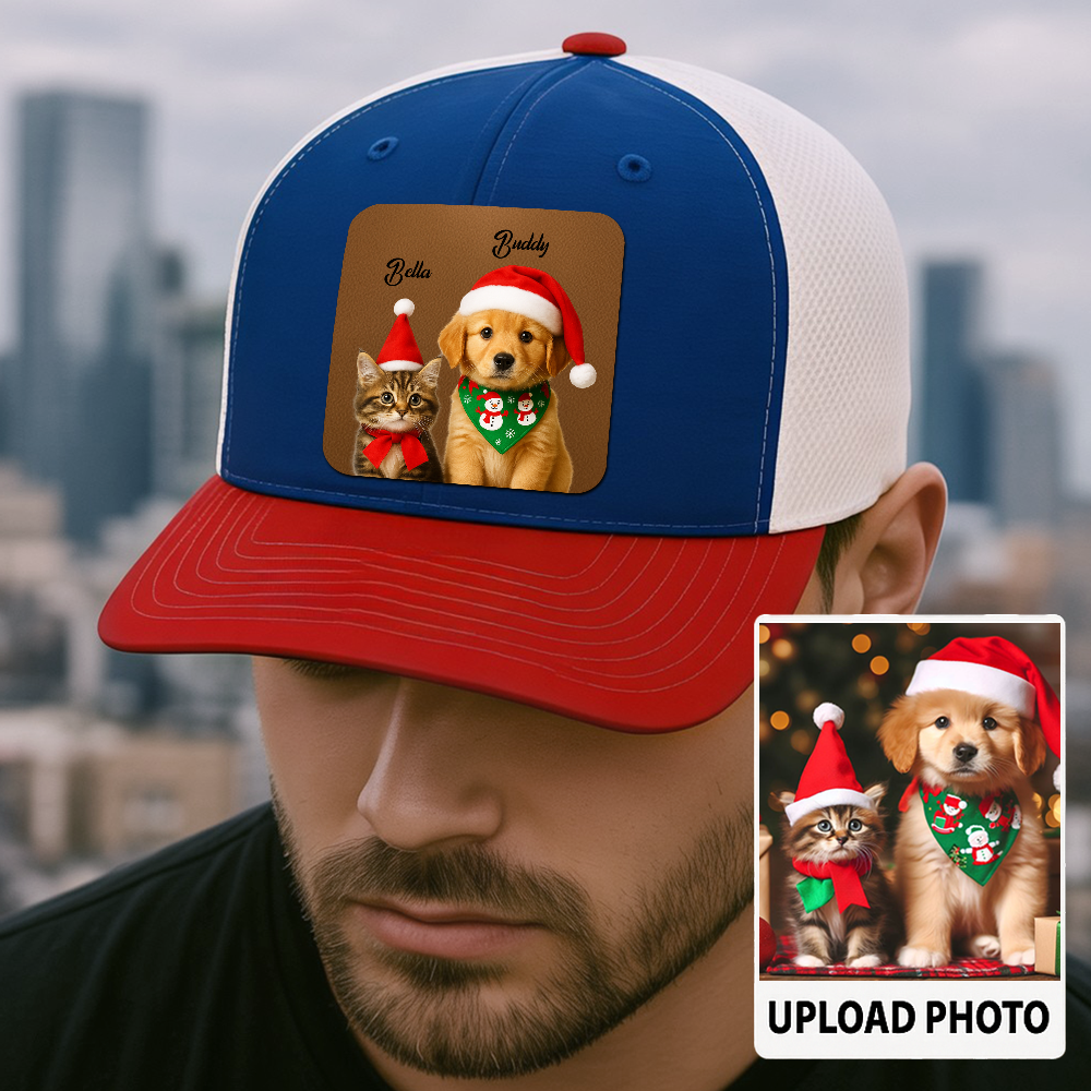 Custom Dog Lover Trucker Hat – Personalized Cap with Pet Photo on Leather Patch – Gift for Pet Owners TH9914