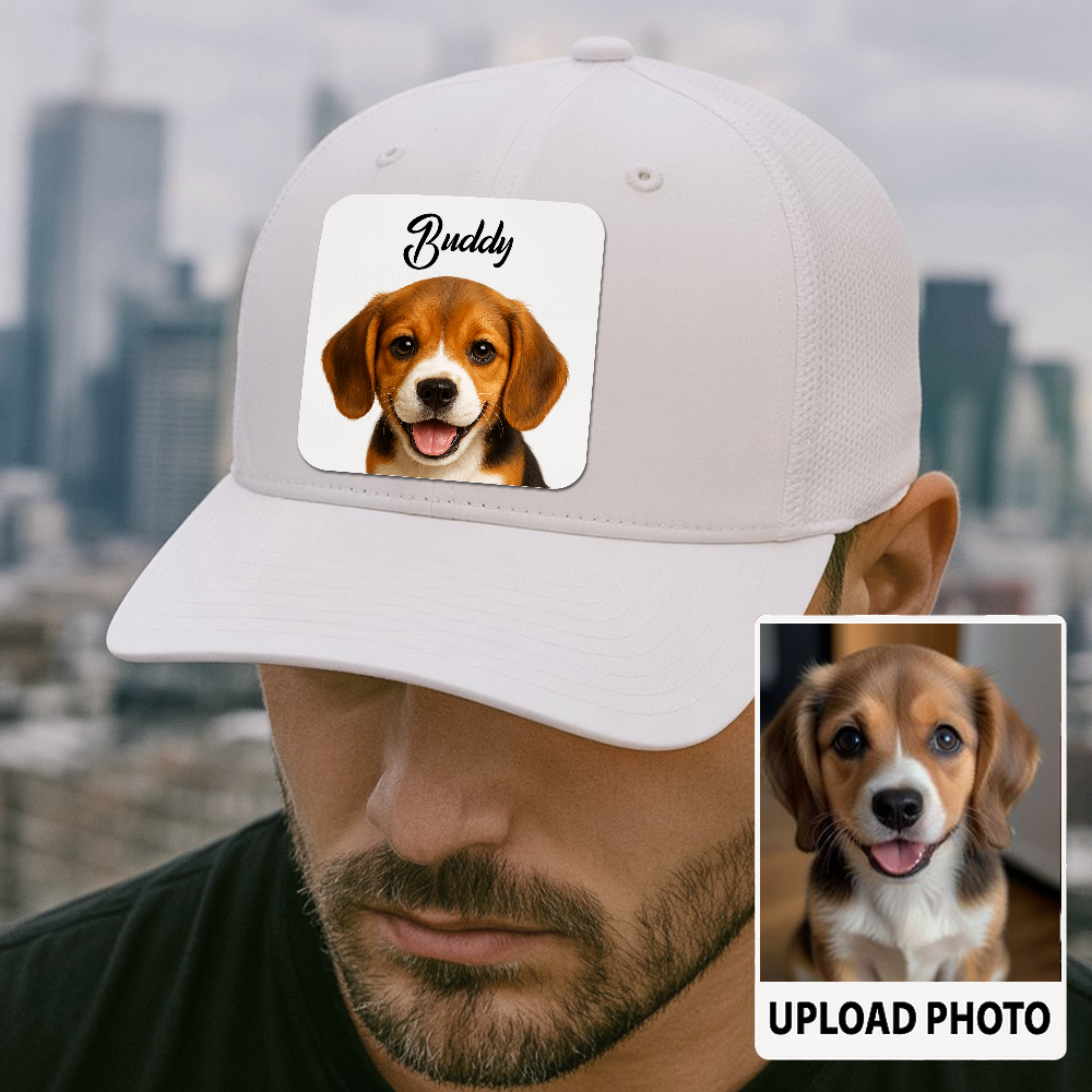 Custom Dog Trucker Cap – Personalized Leather Patch Hat with Printed Pet Face – Gift for Him TH9915