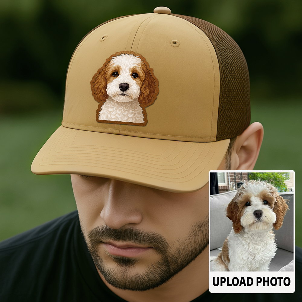 Custom Dog Leather Patch Hat – Personalized Trucker Hat with Your Pet's Photo – Unique Dog Dad Gift TH993