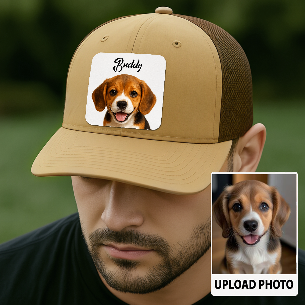 Custom Dog Trucker Cap – Personalized Leather Patch Hat with Printed Pet Face – Gift for Him TH9915