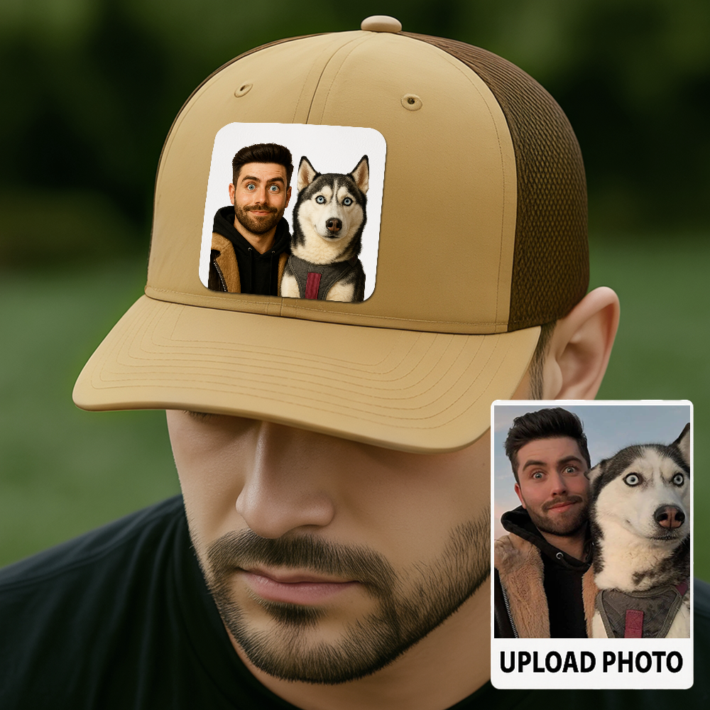 Custom Dog Lover Trucker Hat – Personalized Cap with Pet Photo on Leather Patch – Gift for Pet Owners TH9916
