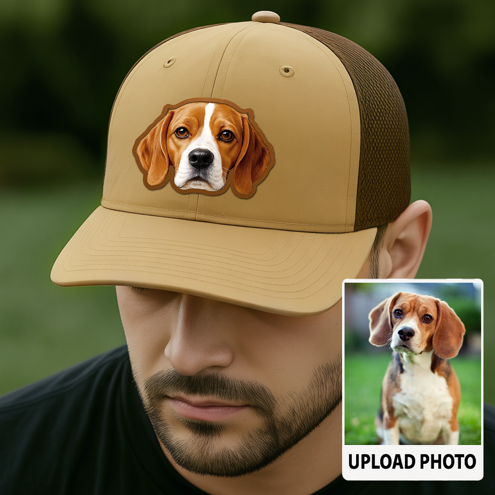 Custom Dog Photo Trucker Hat – Personalized Leather Patch Cap – Pet Lover Gift – Printed Pet Image Hat TH992