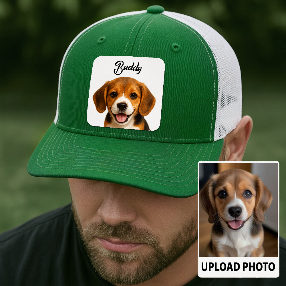 Custom Dog Trucker Cap – Personalized Leather Patch Hat with Printed Pet Face – Gift for Him TH9915