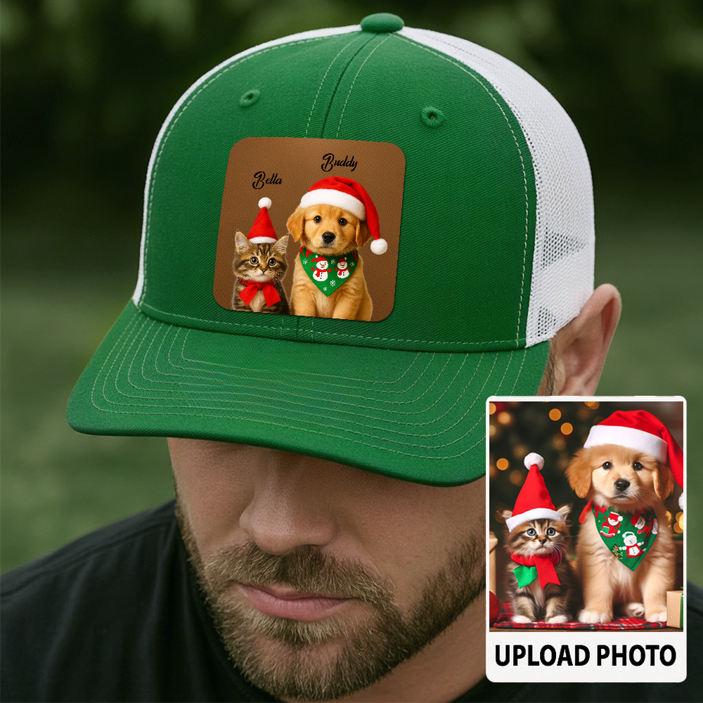 Custom Dog Lover Trucker Hat – Personalized Cap with Pet Photo on Leather Patch – Gift for Pet Owners TH9914