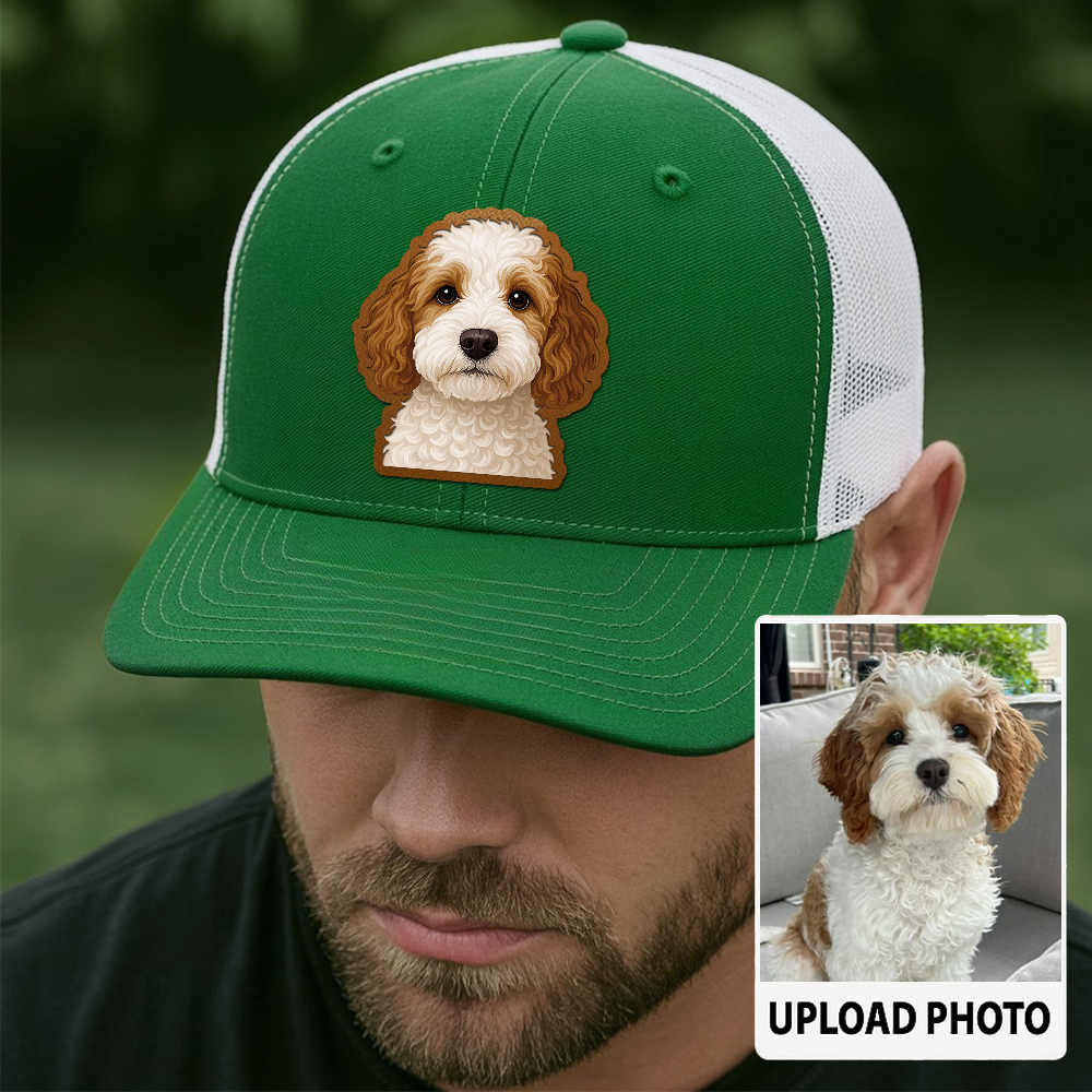 Custom Dog Leather Patch Hat – Personalized Trucker Hat with Your Pet's Photo – Unique Dog Dad Gift TH993