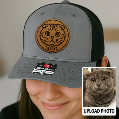 Custom Cat Photo Trucker Hat | Personalized Pet Patch Leather Patch Hat | Cat Memorial Gift TNGANSP029