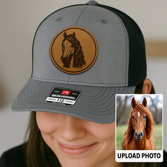 Personalized Horse Photo Leather Patch Hat | Custom Pet Photo Trucker Hat | Horse Lovers Gift THUC99
