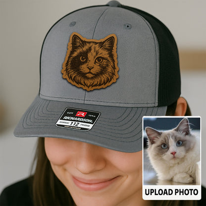 Custom Cat Photo Trucker Hat | Personalized Pet Patch Leather Patch Hat For Cat Lovers | Cat Photo Memorial Gifts THUC99