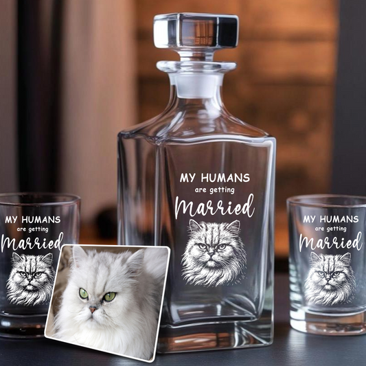 Custom Cat Photo Whiskey Glass And Decanter Set | Personalized My Humans Are Getting Married Decanter | Gift For Cat Lover | Pet Memorial Gift TNN04