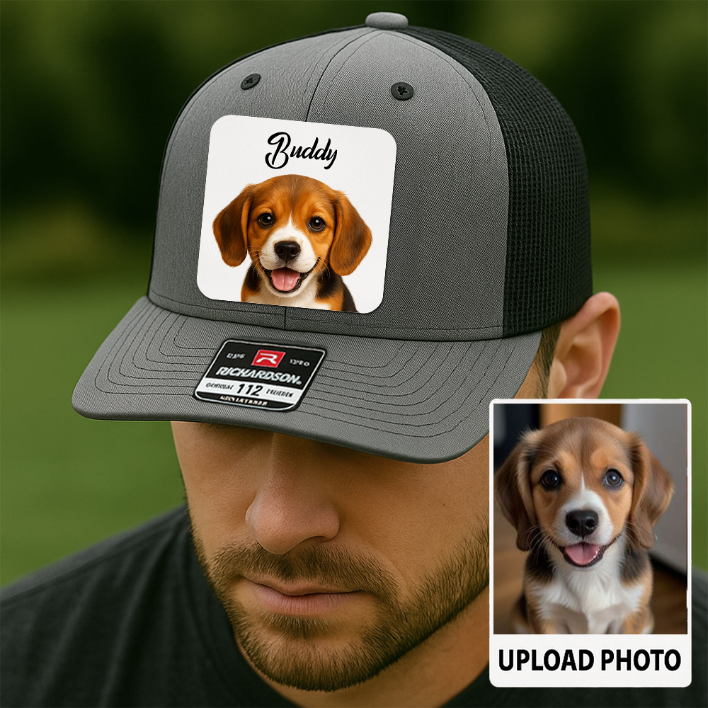 Custom Dog Trucker Cap – Personalized Leather Patch Hat with Printed Pet Face – Gift for Him TH9915