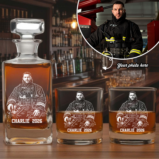 Custom Photo Firefighter Whiskey Decanter Set, Personalized Name For Dad, Retirement Gift THUC99