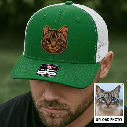 Custom Pet Photo Trucker Hat – Personalized Leather Patch Hat – Cat Owner Gift – Custom Pet Memorial Hat - Cat Gift - Engraved Hat NGOC99A5
