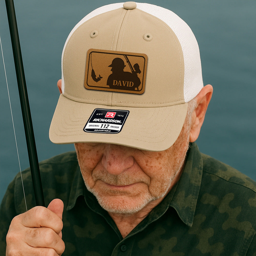 Custom Logo Fishing Leather Patch Hat – Perfect Gift for Fisherman, Dad, or Grandpa THUC99MF01