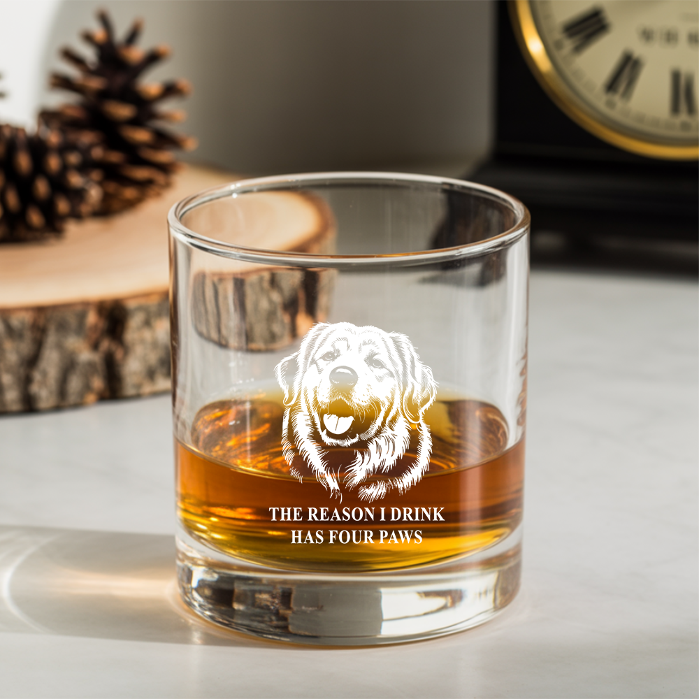 Custom Dog Photo The Reason I Drink Has Four Paws Whiskey Glass And Decanter Set | Personalized Dog Photo | Pet Lover Gift