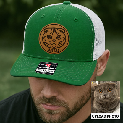Custom Cat Photo Trucker Hat | Personalized Pet Patch Leather Patch Hat | Cat Memorial Gift TNGANSP029