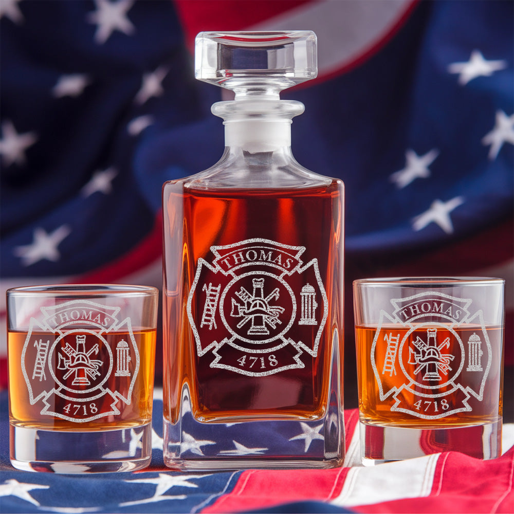 Personalized Firefighter Decanter Set – Custom Fire Dept Name & Number Engraved Whiskey Gift