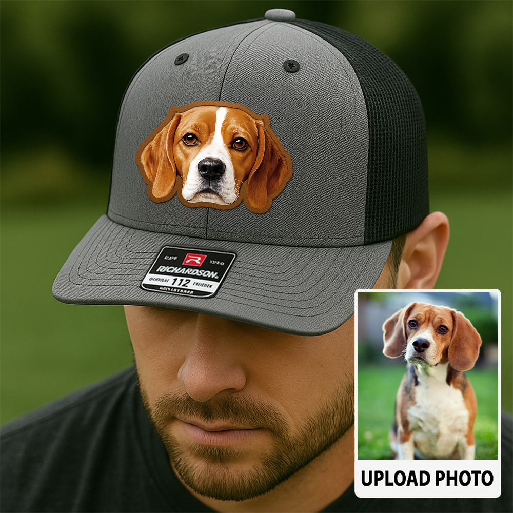 Custom Dog Photo Trucker Hat – Personalized Leather Patch Cap – Pet Lover Gift – Printed Pet Image Hat TH992