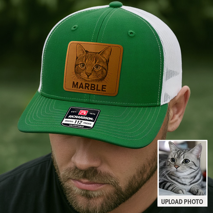 Custom Pet Photo Trucker Hat – Personalized Leather Patch Hat – Cat Portrait Gift – Custom Pet Face Hat P99A12
