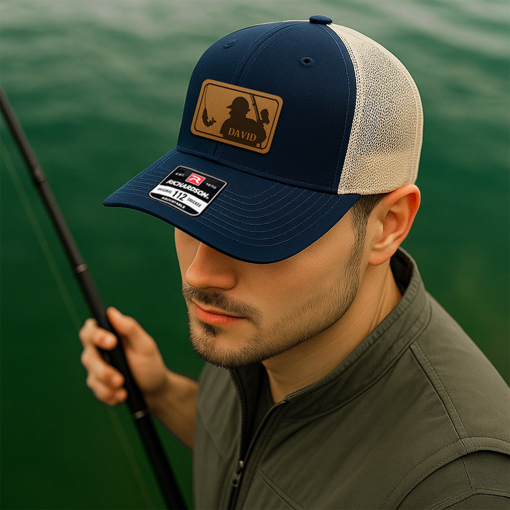 Custom Logo Fishing Leather Patch Hat – Perfect Gift for Fisherman, Dad, or Grandpa THUC99MF01
