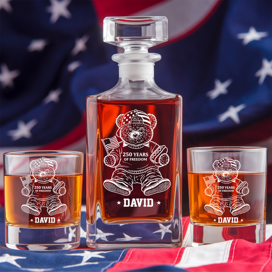 Personalized America 250 Years Engraved Whiskey Decanter Set, Patriotic Teddy Bear Gift 1776–2026 THUC99