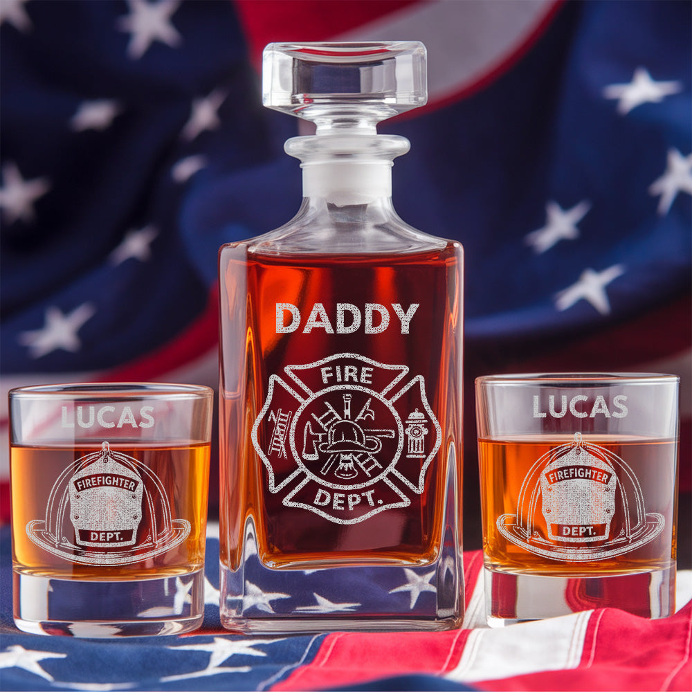 Firefighter Dad Whiskey Decanter Set, Personalized Name Glass Gift for Dad