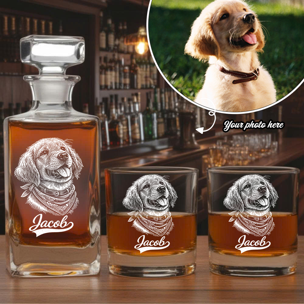 Custom Photo Dog with Name Whiskey Decanter Set, Personalized Pet Portrait Decanter, Custom Dog Lover Gift THUC99