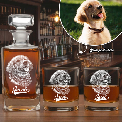 Custom Photo Dog with Name Whiskey Decanter Set, Personalized Pet Portrait Decanter, Custom Dog Lover Gift THUC99