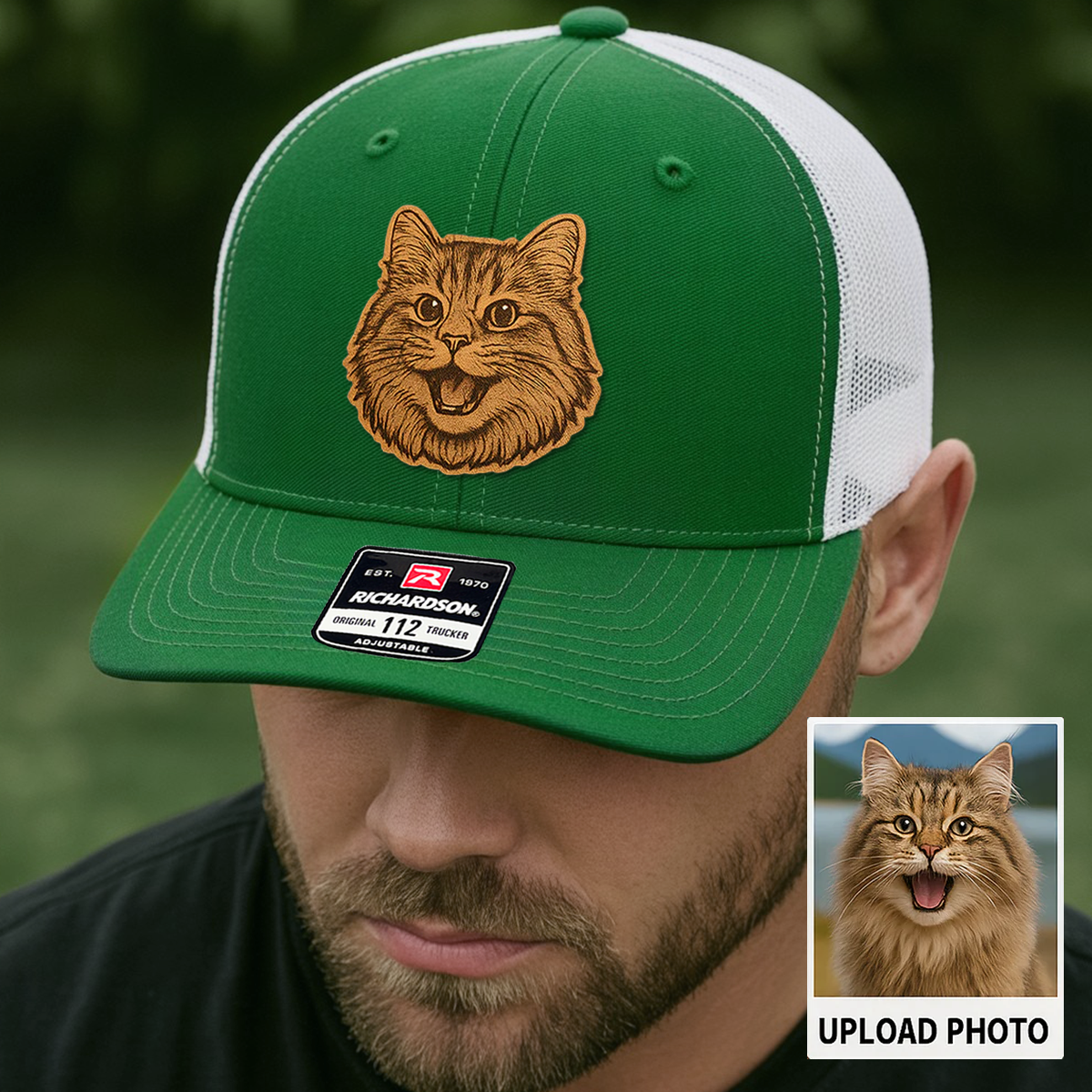 Custom Pet Photo Trucker Hat – Personalized Leather Patch Hat – Cat Portrait Gift – Custom Pet Face Hat P99A14