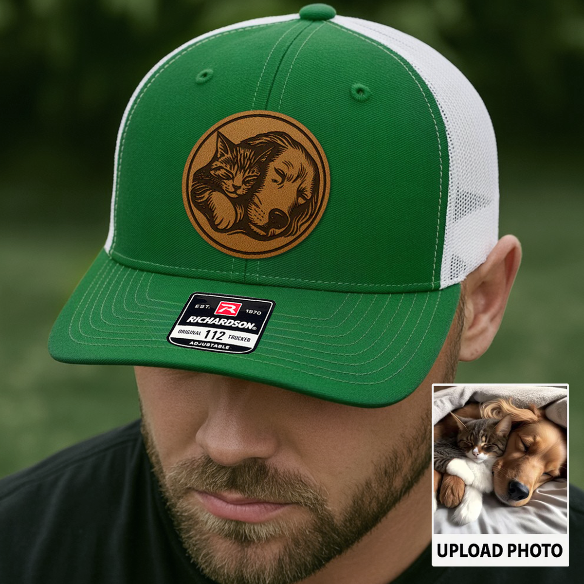 Custom Pet Photo Trucker Hat | Personalized Dog & Cat Patch Leather Patch Hat | Gift For Pet Lovers TNGANSP016