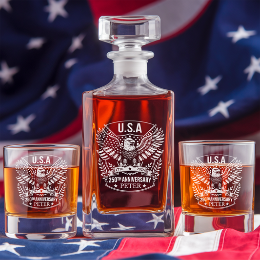 Custom Name Eagle USA 250th Anniversary Engraved Whiskey Decanter Set, Patriotic Bourbon Gift THUC99