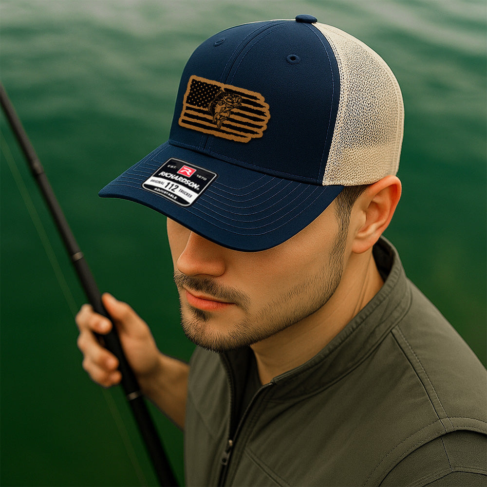 Personalized Fishing Patriotic Trucker Hat – USA Flag and Fish Leather Patch Cap for Him THUC99MF03