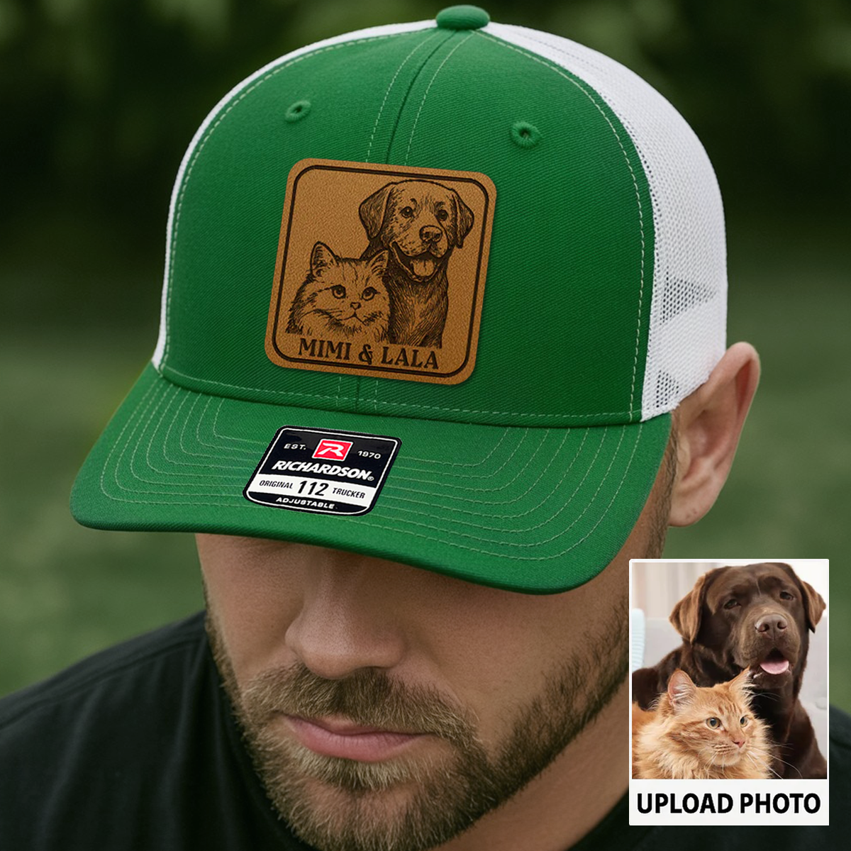 Custom Dog & Cat Photo Trucker Hat | Personalized Pet Patch Leather Patch Hat | Pet Memorial Gift TNGANSP032