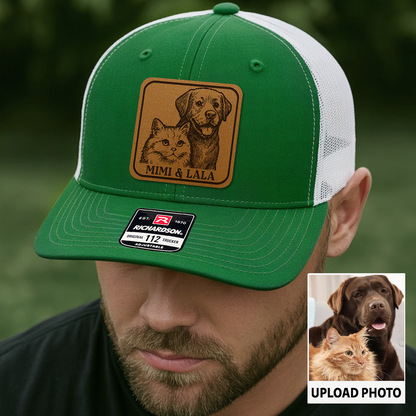 Custom Dog & Cat Photo Trucker Hat | Personalized Pet Patch Leather Patch Hat | Pet Memorial Gift TNGANSP032