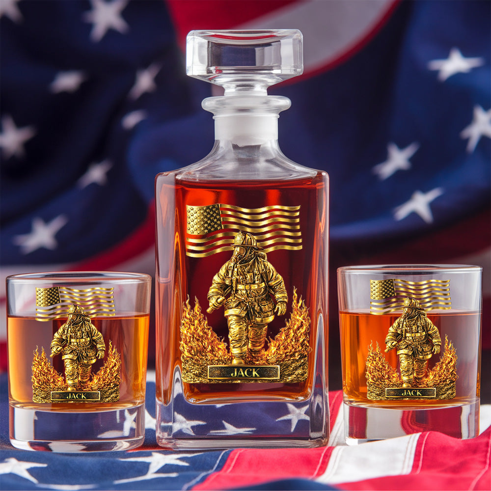 Personalized Firefighter Decanter Set – Gold Fireman & American Flag Custom Whiskey Gift