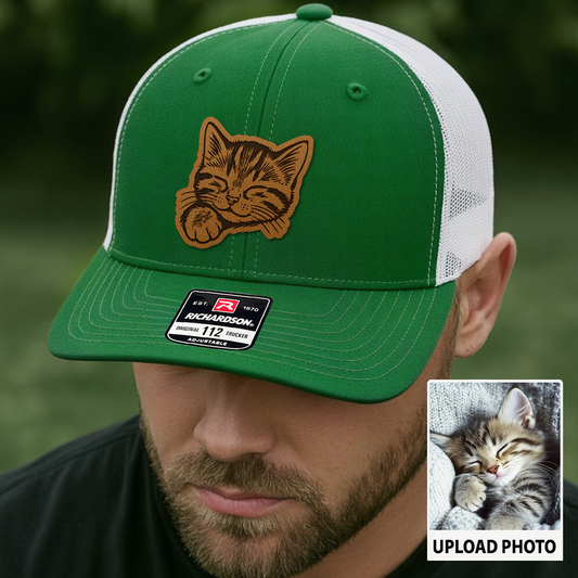 Custom Cat Photo Trucker Hat | Personalized Cat Photo Leather Patch Hat | Cat Lover Gift THUC99132