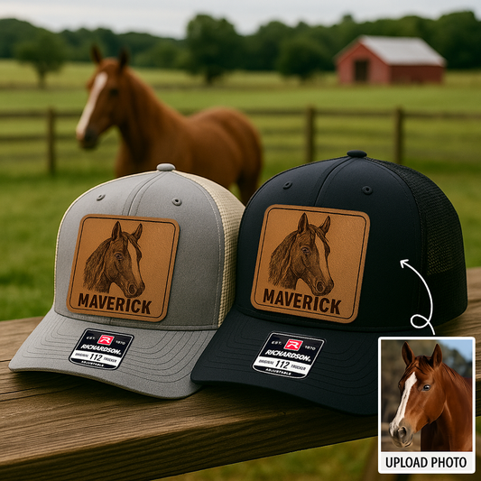 Custom Pet Photo Trucker Hat – Personalized Leather Patch Hat – Horse Lovers Gift – Custom Animals Hat NGOC99A11