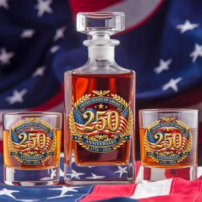 250 Years USA Whiskey Decanter Set 1776-2026, Patriotic Independence Day Gift THUC99