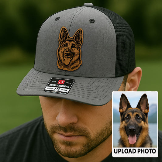 Custom Pet Photo Trucker Hat – Personalized Leather Patch Hat – Dog Owner Gift – Custom Pet Hat PH009