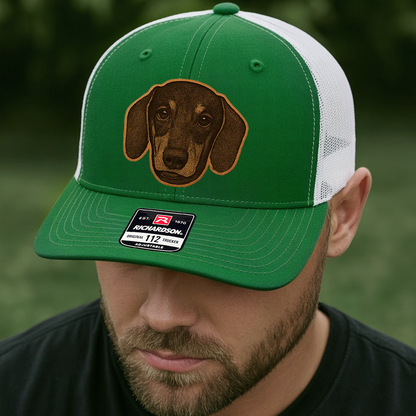 Custom Pet Photo Trucker Hat – Personalized Leather Patch Hat – Dog Owner Gift – Custom Pet Memorial Hat - Dog Lover Gift - Engraved Hat NGOC99A1