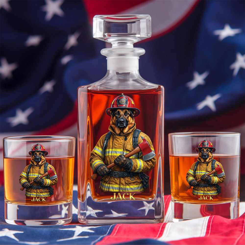 Personalized Firefighter Dog Decanter Set – Custom Printed Whiskey Gift